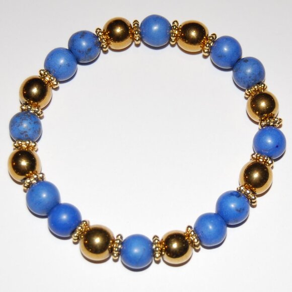Blue and Gold Bracelet,Stone and Golden 8mm Beads,Handmade Bracelet - Picture 1 of 2